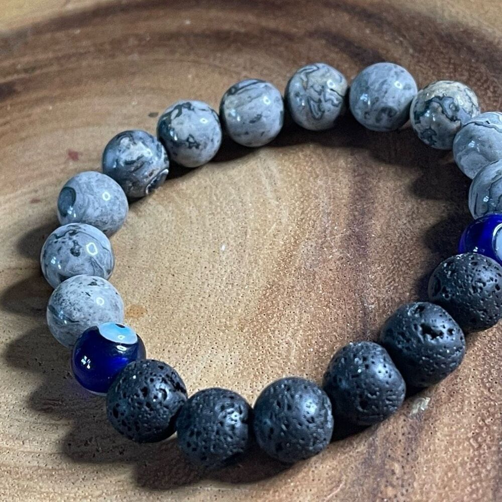 Picasso jasper lava evil eye 10mm stretch bracelet beaded bracelet 7” stretch cr